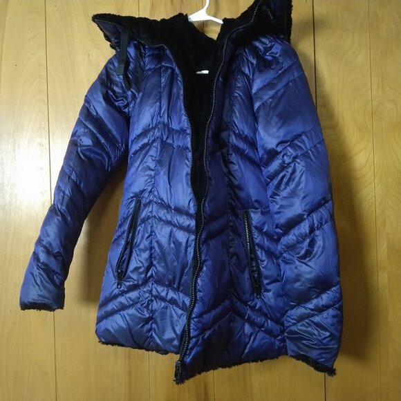 Steve Madden Women's Medium? Reversible Black/Purple Puffer Jacket Hooded READ - Picture 1 of 7
